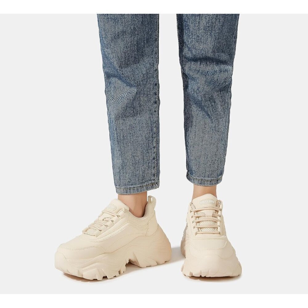 Lucky Step Women Beige Rhinestone Lace Up Chunky Dad Casual Walking Sneakers - Picture 7 of 9